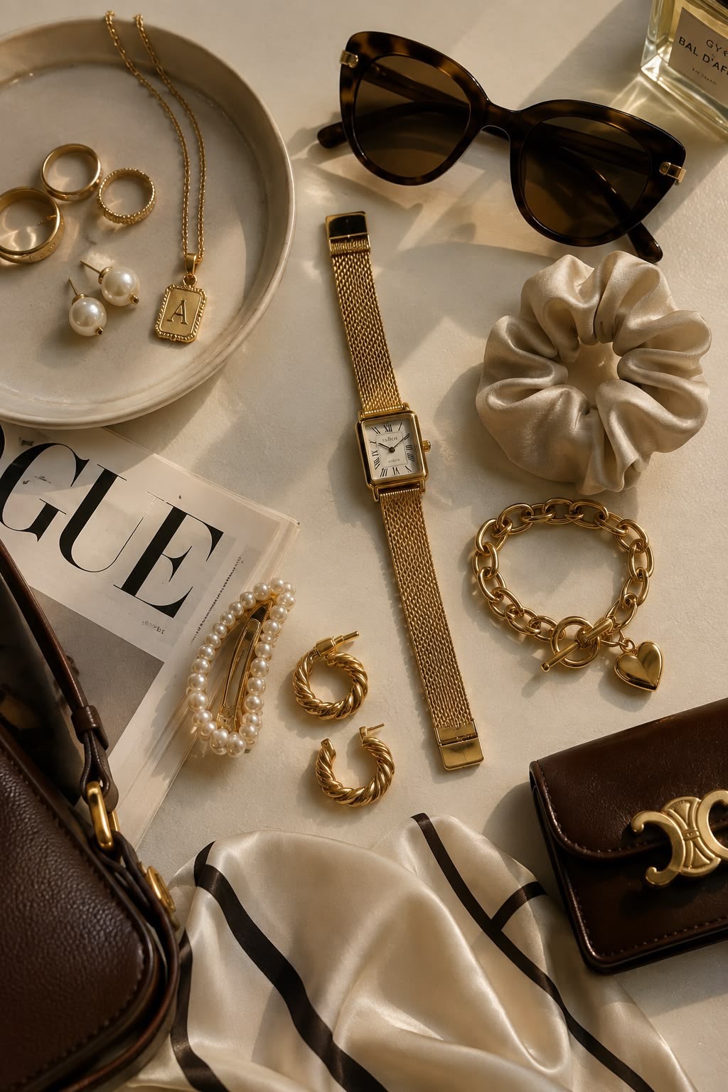 Bijoux dorés posés à plat : montre dorée, bracelet cœur, créoles, perles et lunettes